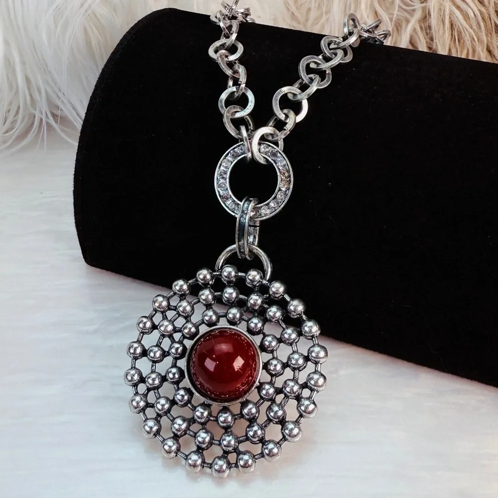 Vintage Aged Silvertone Weighted Red Pendant Necklace